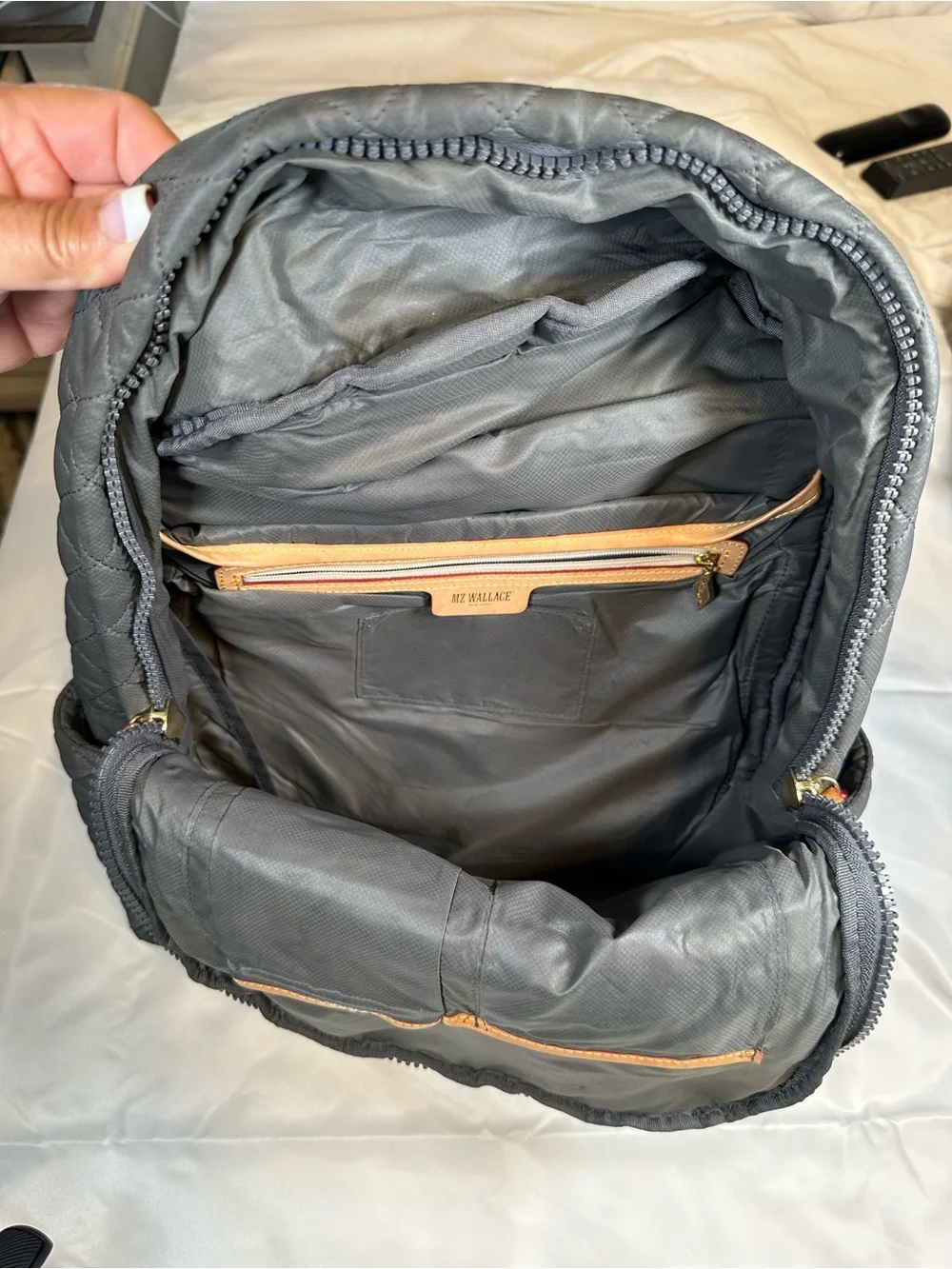 MZ Wallace Quilted Nylon Backpack in Charcoal with Gold Accents used once